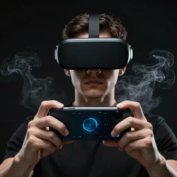 Metaverse and Blockchain Technology Concepts. Person with an Experiences of Metaverse Virtual World via Smart Phone. Futuristic Tone. Conceptual Photo, high detail, studio, black background, smoke, sharp, cyberpunk, 85mm Sigma Art lens