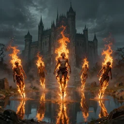 burning bodies impaled on stakes, a large gothic castle in the background by greg rutkowski craig mullins ross tran mucha levitating lumen reflections matte painting fantasy specular lighting trending on artstation
