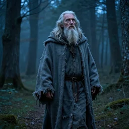 an absent-minded, wandering wizard in his 70s, dressed in a ragged, gray traveling cloak. The background is a eastern european forrest in the twilight, high detail, photorealistic, cinematic lighting, blue tones, atmospheric,  fantasy concept art by Anastasia Lerno and Anastasia Ovchinnikova, trending on ArtStation.