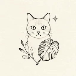 tattoo sketch of a cat with one eye, monstera, on a canva, organic ornament, minimalism, line art, vector