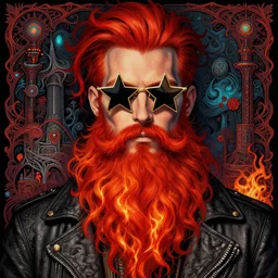 detailed hipster skinny man with star sunglasses, long vibrant red fires beard, dmt, by james gurney + intricate and vibrant work + portrait + trending on artstation + incredible gothic illustration + exquisite detail