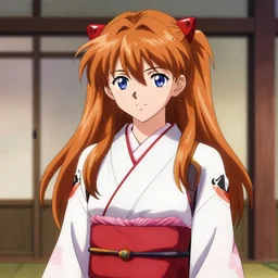 portrait of asuka langley from evangelion wearing a kimono, very beautiful, sharp, detailed, high quality, 4 k, by greg rutkowski