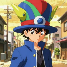anime boy with massive hat, pointy colorful hat, blue jacket. cel - shading, 2 0 0 1 anime, flcl, jet set radio future, golden hour, japanese town, concentrated buildings, japanese neighborhood, electrical wires, cel - shaded, strong shadows, vivid hues, y 2 k aesthetic