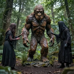 occult worshippers worshipping a bigfoot statue