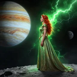 a highly detailed matte painting of christina hendricks as a red haired martian princess, standing on the moon titan and looking at jupiter, viewed in profile, crackling green lightning, ultrawide lens, art by rebecca guay and arthur rackham and alphonse mucha and john william waterhouse, volumetric lighting, octane render, 4 k resolution, trending on artstation, masterpiece