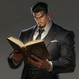 a highly detailed illustration of fierce short black haired asian man with goatee wearing suit, dramatic reading book pose, muscular, intricate, elegant, highly detailed, centered, digital painting, artstation, concept art, smooth, sharp focus, league of legends concept art, WLOP