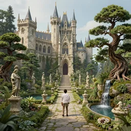 First person matte painting of witch academy castle with many bonsai trees on the right with small waterfall, highly detailed garden in the middle, many stone statues, gothic building style, highly detailed, 4k, 8k resolution, trending on artstation, artstationHD, artstationHQ, octane render.