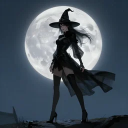 witch standing pose wearing high heels under a full moon, fantasy art style