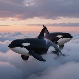 digital art painting of orcas swimming in the clouds, trending on artstation, 8 k, high resolution, realistic, dusk