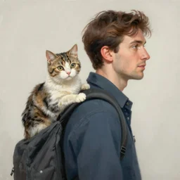 a detailed painting of a man with a cat on his back by gerald scarfe