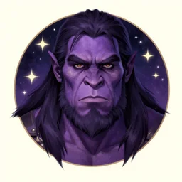 centralized head - on character portrait, violet - skin handsome ogre warrior, dark hair, stars and night background, alphonse mucha, rhads, ross tran, artstation, artgerm, octane render, 1 6 k