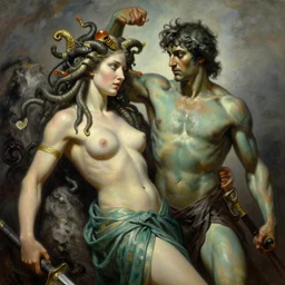 detailed illustration of perseus vs medusa, hyper detailed, realistic, oil painting, artwork by greg manchess, cinematic lighting