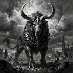 By Tom Bagshaw and Boris Vallejo, ultra realist soft painting of a warzone by night, Gothic armored Minotaur, horror, omnious sky, symmetry accurate features, very intricate details, black and white, volumetric light clouds
