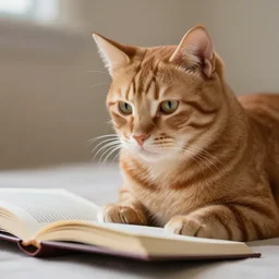 a red tabby cat reading a book