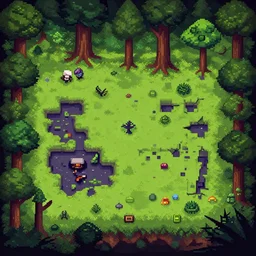 top-down pixel art, exploring the corrupted forest gameplay