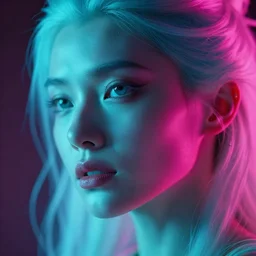 mcro head shot of female, cyan backlighting, magenta side lighting, fantasy art by lois van baarle greg rutkowski
