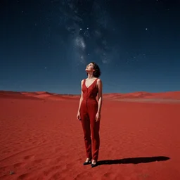 a retro-futuristic scene with a woman look up at the starry sky from a barren red landscape, surreal art