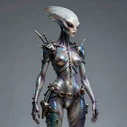 an alien woman with iridescent shark skin, pirate weapons, by van herpen, iris