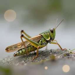 detailed macro photography of green and gold grasshopper, bokeh, glowing fog, trending on artstation