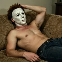 Michael Myers lies bare-chested on the couch in a sexy pose,
