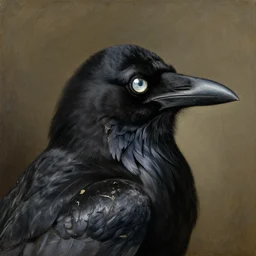 portrait of the head of black crow from behind looking over his shoulders, head turned, oil painting in the style of bieter bruegel the elder, highly detailed and crisp render of distressed feathers, eyes made out of reflective chrome like a mirror