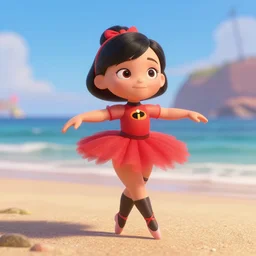 filipina prima ballerina as nendoroid walking on a beach in the incredibles movie style, anime, disney, pixar, 8 k, hd, dof, kodak film, volumetric lighting, subsurface scattering, photorealistic, octane render, details