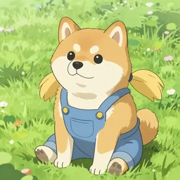 anthropomorphic Shiba inu wearing overalls sitting on the grass during spring, female, fluffy golden fur, furry, chubby, blonde pigtails, big eyes, delicate, 4K, drawn by Makoto Shinkai