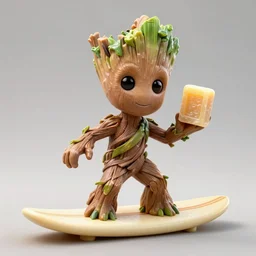 little Groot riding on a surfboard in the form of a bar of soap, in his right hand a ball of cheese, he wraps a skein of electrical tape with his left hand, cinematic angle, poster style