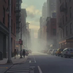 a street at new york city, foggy evening, matte painting, studio ghibli, artstation
