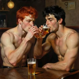 attractive muscular male with red hair and muscular attractive male with black hair, drinking their hearts out, in a pub. very defined and highly detailed painting by j. c. leyendecker, gaston bussiere, craig mullins 8 k