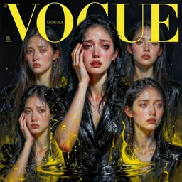 3 d, crying fashion model, liquid black and yellow water, night, vogue cover style, poster art, high detail, intricate oil painting, multiple exposure, hyperrealism, 3 d, by tooth wu and wlop and beeple and greg rutkowski