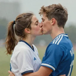 medium close up of a young couple with sport team jerseys on, in a natural kiss embrace, by mark tennant art, photorealistic, small details using light, movement, and wide brushstrokes