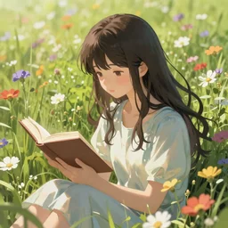 a beautiful girl with long dark hair, sitting in a field of flowers, reading a book, sunny, daytime, sharp focus, intricate, digital painting, artstation, official media, anime key visual, highly detailed, rich vivid colors, ambient lighting, illustration, art by Artgerm, Makoto Shinkai, Ilya Kuvshinov, Lois Van Baarle, and Rossdraws