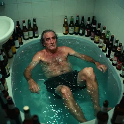 the full - body shot of drunk old wrinkled unkempt drunkard ( ( joaquin phoenix ) ) swimming in a bathroom filled of beer bottles, cinematography of christopher doyle, neon gloomy light, anamorphic, optical flares, kodak film, sharp focus, realistic, 8 k
