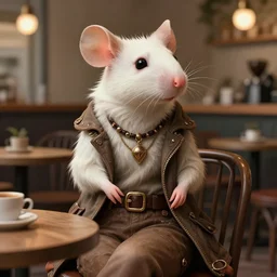 photograph of a female anthropomorphic albino rat fursona wearing hipster clothes sitting in a coffee shop, deep focus, intricate, elegant, highly detailed, digital painting, artstation, concept art, matte, sharp focus, illustration, d & d, fantasy, hearthstone, art by artgerm and greg rutkowski and alphonse mucha