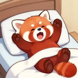 cute cartoon drawing of a female anthro red panda waking up from bed yawning and stretching, trending on artstation