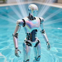 holographic robot in a pool - complex and hyperdetailed suit. anaglyph filter, anaglyph materials. rays and dispersion of light. volumetric light. wide angle, f / 3 2. noise film photo. flash photography. ultra realistic, poster by wayne barlowe, mike winkelmann, wayne barlowe, craig mullins, aaron horkey,