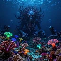 nightmare of the deep ocean by zdzisław beksinski, ernst haeckel, ed binkley, and wayne barlow, bioluminescent, colorful coral reef, ai biodiversity, photorealistic ultrasharp hyperdetailed octane render, psychedelic