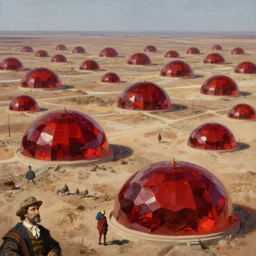 hyper detailed painting of majestic parched plains with numerous giant shiny ruby domes, sprawling across, by francisco goya and rembrandt, unsettling, mysterious, by stephan martiniere and alexander fedosav, hyperrealism, 8 k resolution, behance hd, artstation, nightcafe