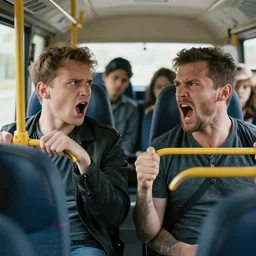 two jerks yelling at each other on the bus bothering everyone else, realistic sad truth.