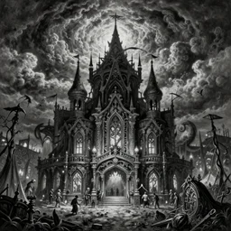 ultra realist soft painting of a curiosities carnival by night, horror, omnious sky, symmetry accurate features, very intricate details, Elden Ring, black and white, volumetric light clouds