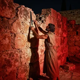 award winning cinematic still of nighttime with 40 year old Mediterranean skinned man in Ancient Canaanite clothing fixing a ruined, crumbled wall in Jerusalem, holding a sword and a chisel, dramatic lighting, nighttime, strong shadows, bright red hues, directed by Michael Bay