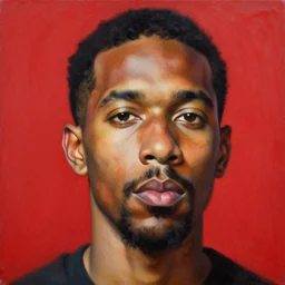 portrait of a latino man, red background, ultra detailed, extreme close up, oil on canvas, dynamic, lighting, 4 k, illustration, by kadir nelson, kehinde wiley, john william waterhouse