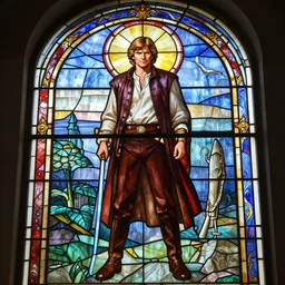 A highly detailed insanely beautiful stained glass window of Luke Skywalker