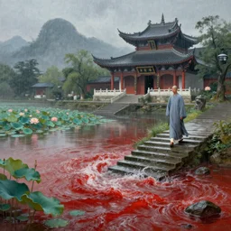 a gorgeous landscape painting by barlowe wayne maxfield parrish and marco mazzoni. rainy mood!! lens water. chinese temple. just one lonely chinese monk in grey blue long gown walks on the winding steps. lotus lake. ultra clear detailed. 3 d, octane render. turbulent blood lake.