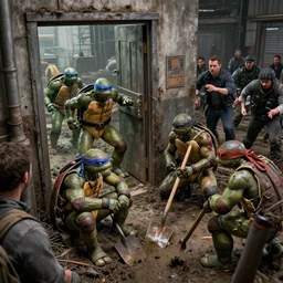 ninja turtles are escaping from the factory, and a couple of people were prisoners with them. then the men in black chased them, and then the gangs. the first door, people were sitting with shovels and in the mud. one of the prisoners got burned and while he was talking to them, the others who went where, concept art, high detali, 2 k,
