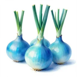 onions,painted by Edward Gorey and Paul Wenzel and George Barr and Stephen Youll,trending on artstation, iridescent cool blue and cyan and red and blue and yellow and green lighting front view futuresynth , outrun , vibrant colors, Sabattier filter , Watercolor