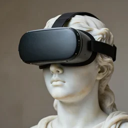 a marble statue wearing virtual reality headsets, realistic, detailed, head in frame