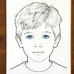 a cute seven year old boy with short tousled blonde hair and blue eyes no background. well composed, clean coloring book page, beautiful detailed face. coloring book line art by greg rutkowski and johanna basford and alphonse mucha