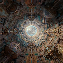 hyper-maximalist intricate overdetailed cinematic 70% portrait 30% geometric ornated collage digital illustration by android jones inspired by heidi taillefer. Dramatic lights. Surreal Psychedelic visionary artwork. Zenith view. Seen from below. 3d render